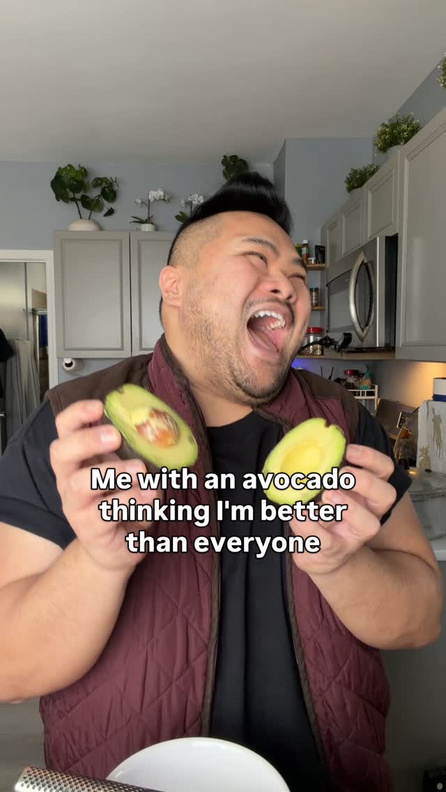 RV Mendoza holds two avocado halves beneath text about thinking they are better than everyone.