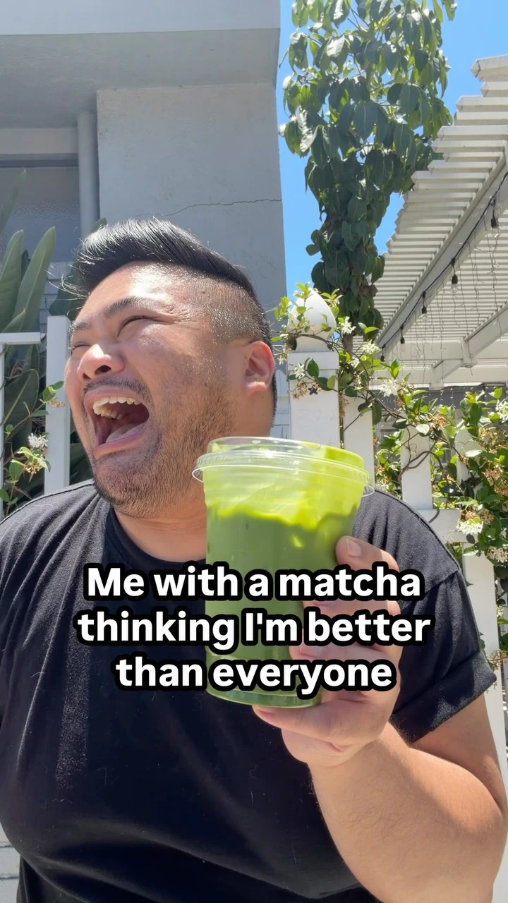 RV Mendoza holds a cup of matcha beneath text about thinking they are better than everyone.