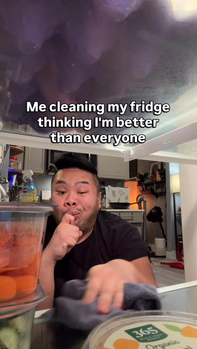 RV Mendoza cleans inside a refrigerator beneath text about cleaning it and thinking they are better than everyone.