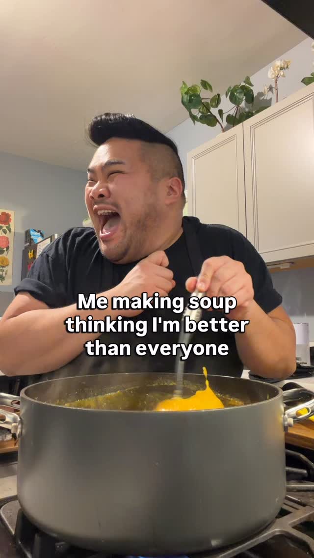 RV Mendoza laughs over a pot of soup beneath text about making soup and thinking they are better than everyone.